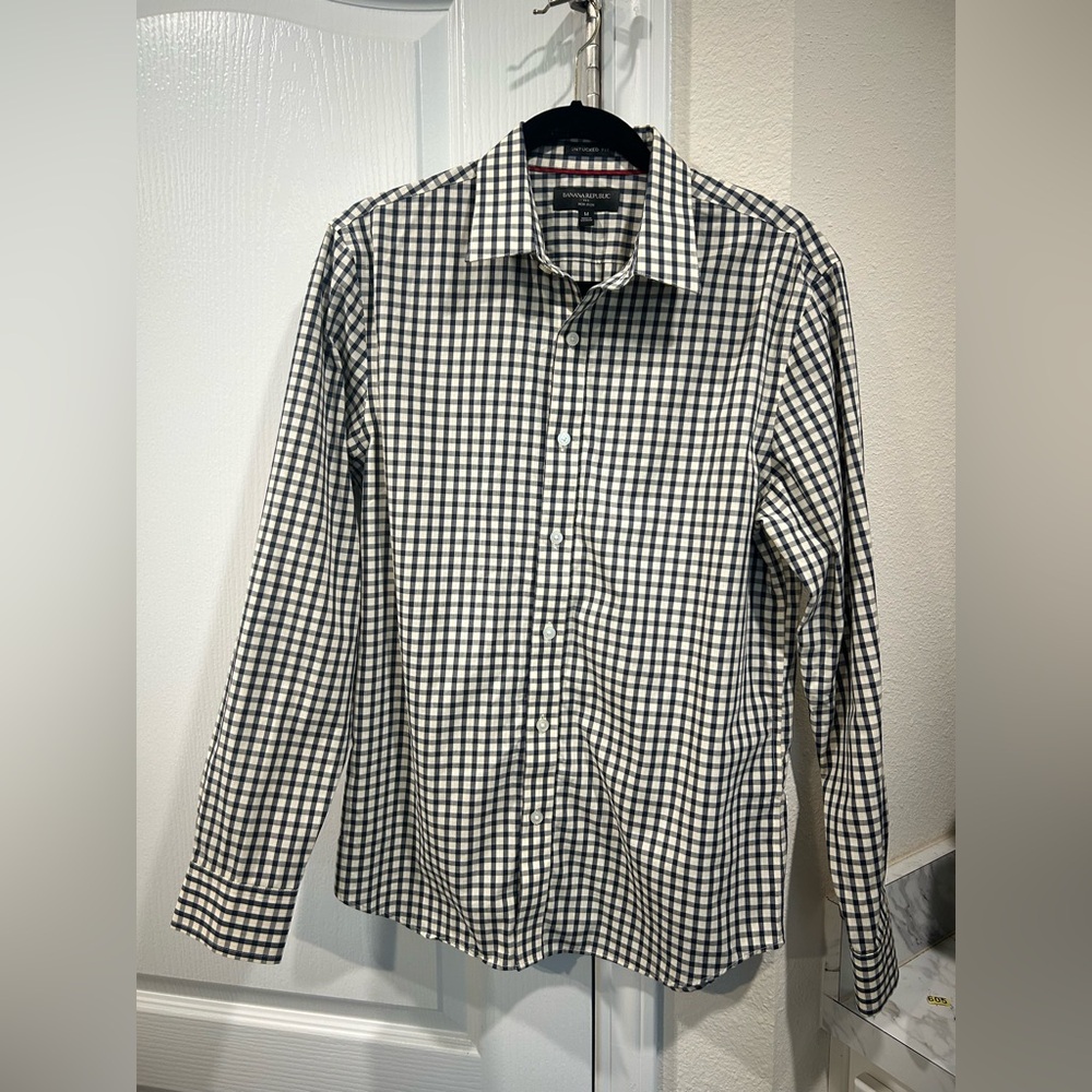 Banana Republic Men's Blue, Yellow and White Checkered Shirt Size M